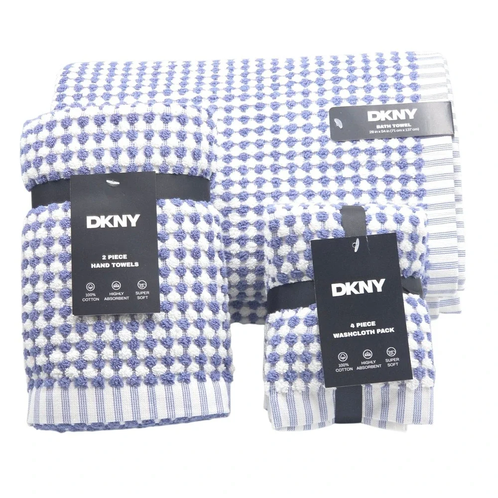 DKNY 8pc Cotton Towel Set 2 Bath 4 Wash 2 Hand  Blue And White Monet Tile Magnet